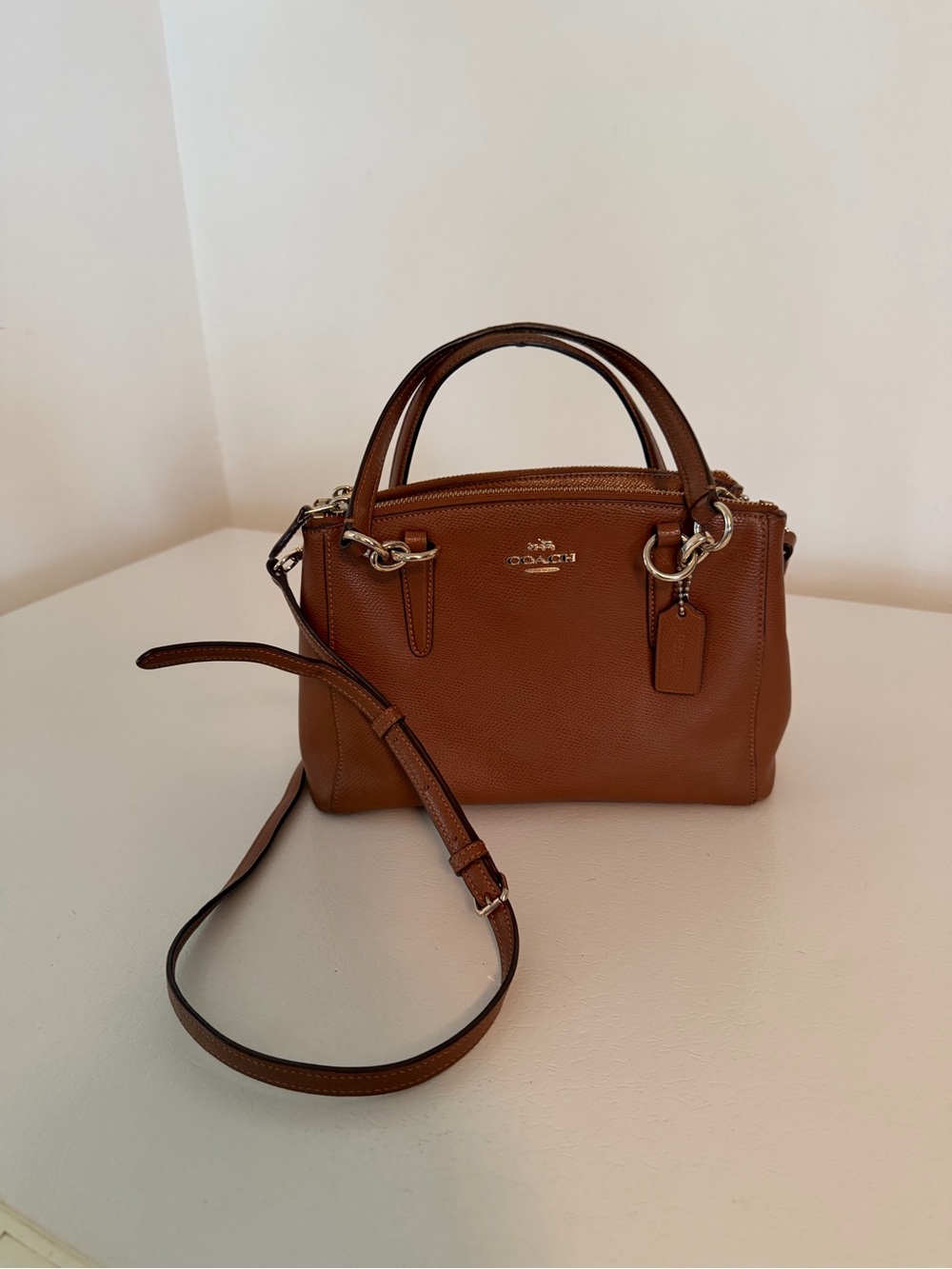 Coach Cognac Pebbled Leather Mini Christie Crossbody Bag with Removable Strap